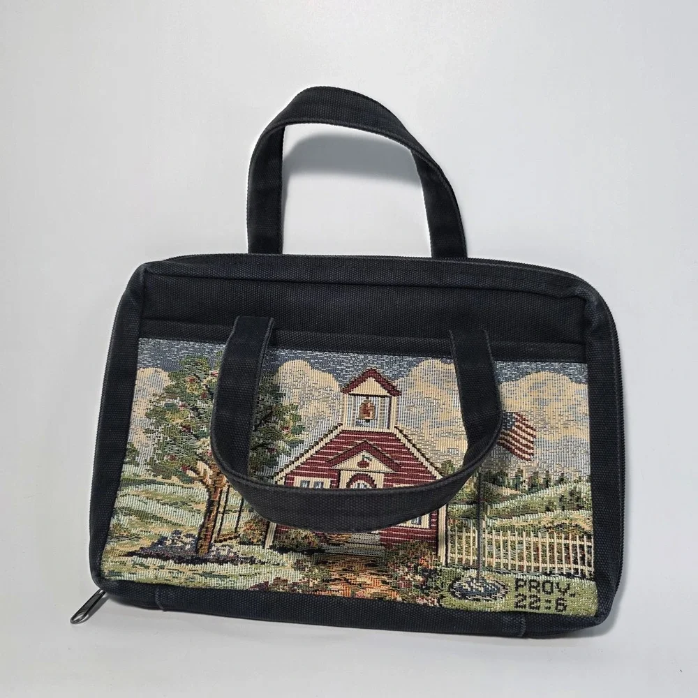 Vintage Black Canvas Needlepoint Bible Book Cover School House Handbag w/Handles